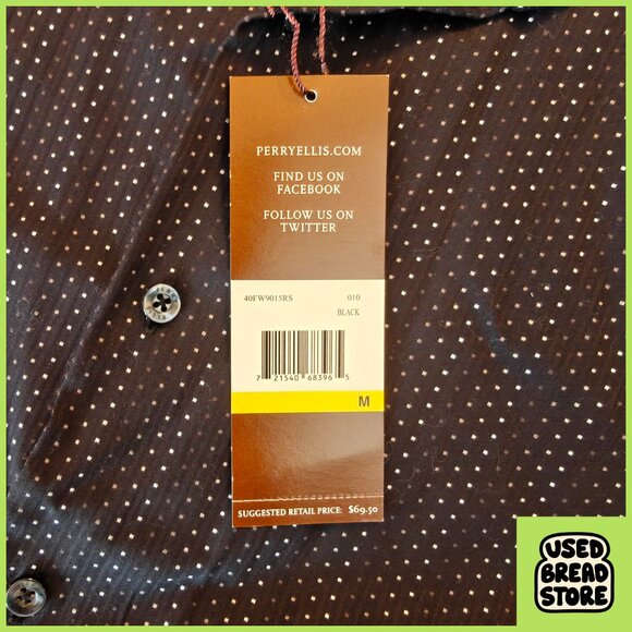 NWT Perry Ellis Medium Black Button Up Mens Shirt White Dotted Stripes - Picture 5 of 6